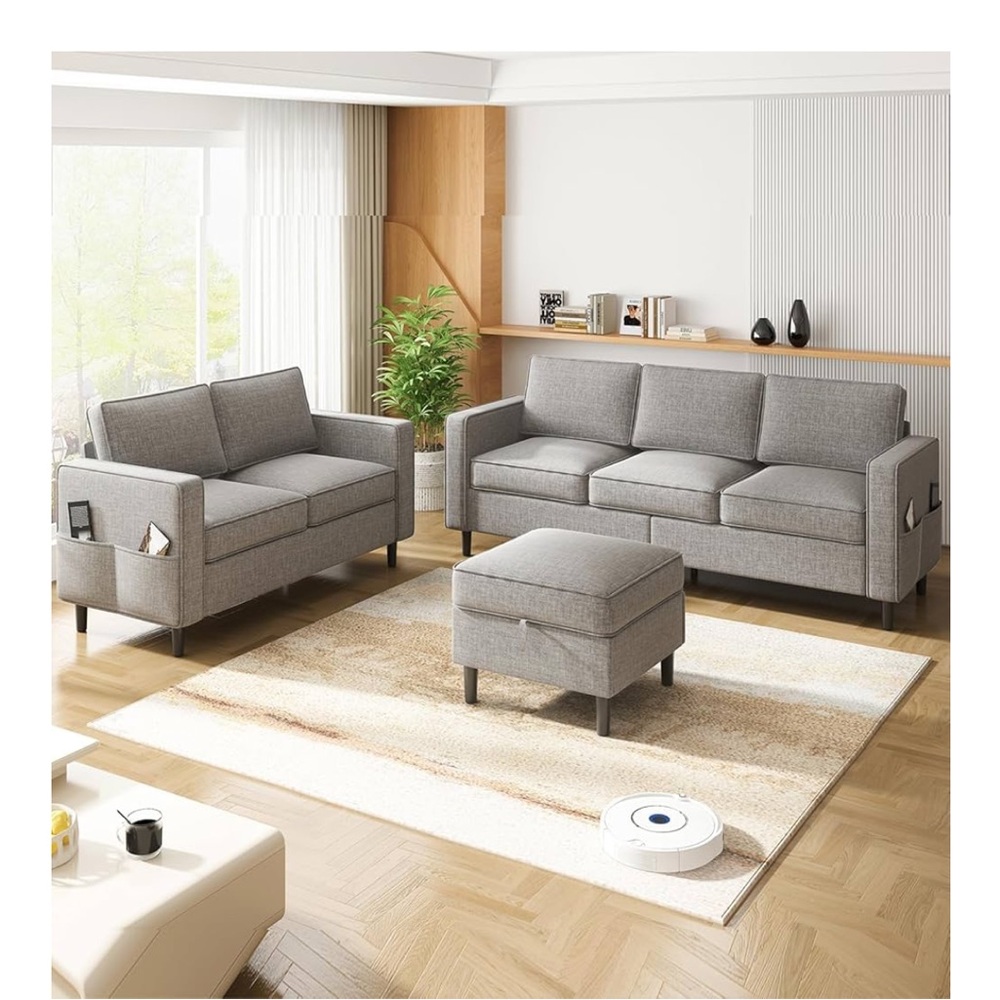 Two piece couch set with storage ottoman